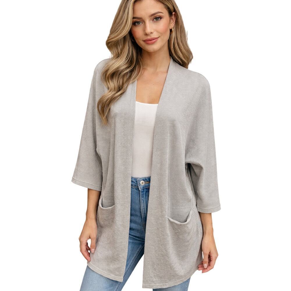 Donni OSFA slouchy grey textured open cardigan 1/2 sleeve grey career casual EUC